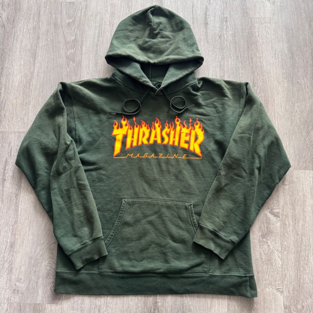 Thrasher Magazine Flame Logo Hoodie Forest Green Mens Small Skate Sweatshirt
